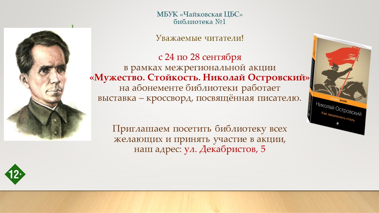 Мужество. Стойкость. Николай Островский, 12+, ул. Декабристов, д. 5,  библиотека № 1, Чайковский